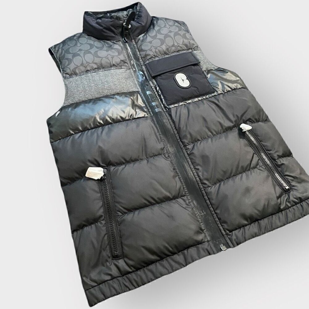 COACH Mens Down Puffer Black Gray Logo Vest size XS New with Tags